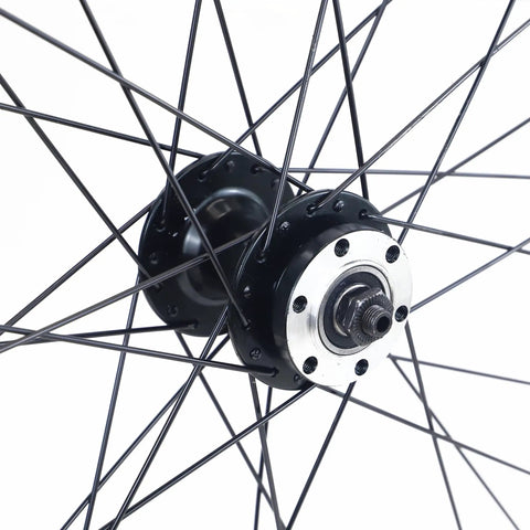 Close-up of all terrain mountain wheelset hub with 14G spokes, ED nipples, 6 bolt disc, suitable for six to nine speed drivetrains.