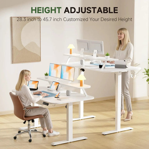 Two women using an Electric Standing Desk With Drawers 48 By 24 Inches Height Adjustable Sit Stand Desk With Monitor And Laptop Stands