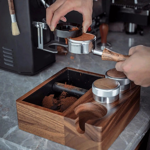 Top Shelf Wooden Espresso Knock Box Built Hella Tough With Cushioned Silicone Retrieval Bar To Smoothly Catch Spent Coffee Grounds Effortlessly Elevating Your Daily Morning Brew Routine Or Shop Station Setup featuring solid wood design and tamping tools.