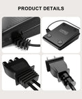 Front view of replacement foot pedal power cord with D-shaped plug for Singer sewing machines.
Top view of square power adapter with attached cord for Singer foot pedal.
Close-up of ribbed housing on the foot pedal connector with two cables.
End view of plug head with molded grip for replacement power cord.