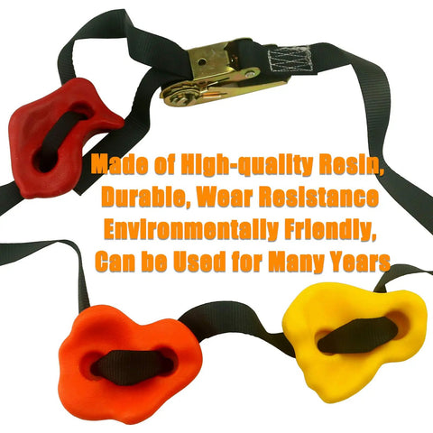 Ninja Tree Climbing Holds Kit with 15 packs and 6 ratchet straps, colorful resin holds attached to black strap.
