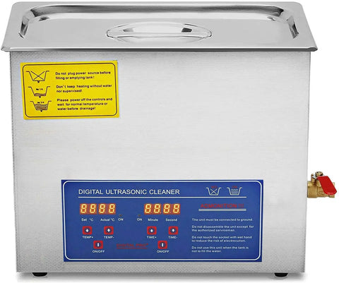Top Tier Ten Liter Ultrasonic Cleaner With Fast Heat And Digital Timer Pro Grade Forty KHz stainless steel cleaner controls.