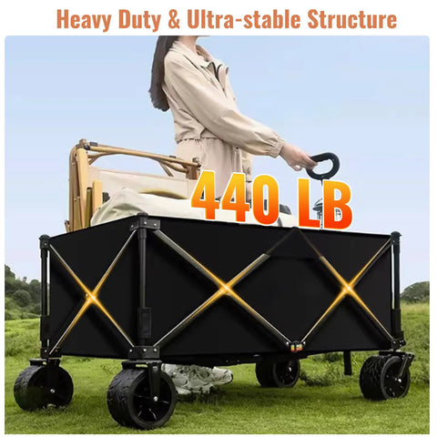 Heavy Duty Collapsible Folding Wagon With Built In Table, 440 Lb Capacity Utility Cart in use, showing all terrain wheels