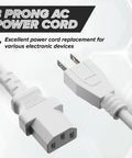 10 Foot 3 Prong Computer Power Cord C13 To NEMA 5-15P IEC 320 White For PC Monitor Server And Medical Equipment 18 AWG 125V 10A