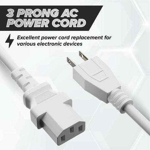 10 Foot 3 Prong Computer Power Cord C13 To NEMA 5-15P IEC 320 White For PC Monitor Server And Medical Equipment 18 AWG 125V 10A