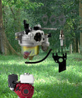 Carburetor Replacement Kit for Honda GX160 GX200 featuring carb, gaskets, spark plug shown in nature setting.