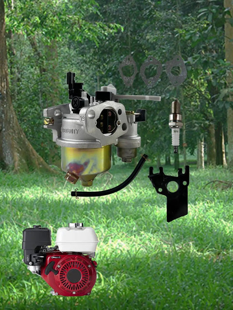 Carburetor Replacement Kit for Honda GX160 GX200 featuring carb, gaskets, spark plug shown in nature setting.