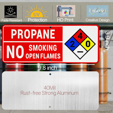 Propane Safety Sign Set No Smoking No Open Flames Aluminum Warning Signs With NFPA Symbol 9.84 By 3.93 Inches 2 Pack Built Tough
