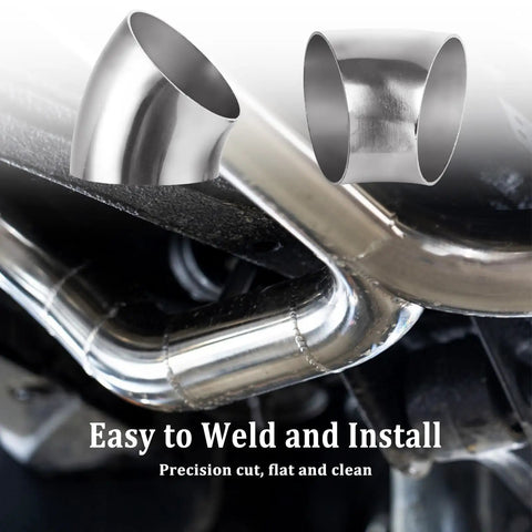 Four Pack 2.5 Inch 45 Degree Exhaust Elbow Pipe Slick 304 Stainless Steel Heavy Duty Mandrel Bend Tailpiece images showing polished welds.