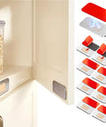 Tool Free No Drill Magnetic Cabinet Door Catch With Ultra Strong Adhesive For Kitchen Cupboard Wardrobe And RV Stainless Steel Latch 1.57 By 0.79 Inches Heavy Duty Closure Eight Pack, installed and in package view.