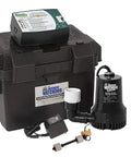 No Sweat Battery Backup Sump Pump With Smart Alert Monitoring And Patented Dual Float Switches 1730 GPH High Capacity Pack of 3, showing pump units and battery box.