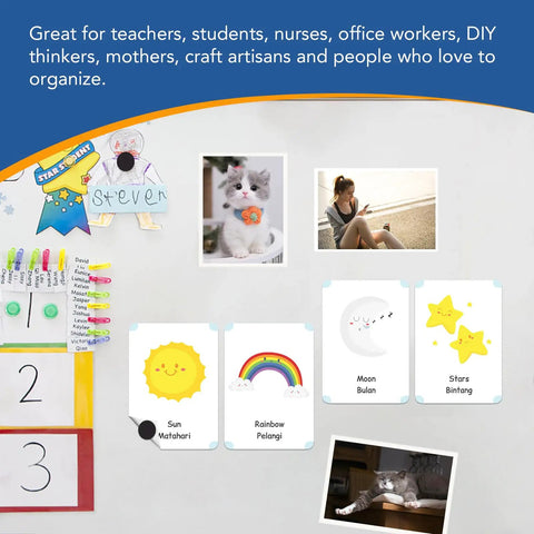 Hella Strong 360 Pack Flexible Magnetic Dots With Self Adhesive Backing on a wall holding photos and notes.