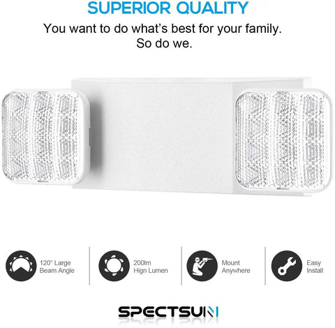 12 Pack Commercial LED Emergency Light With Dual Heads Hardwired Battery Backup For Power Outages mounted on white wall with bright dual heads.