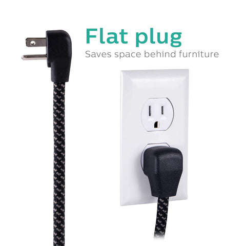 Flat plug of Six-Outlet Surge Protector Power Strip With 10-Foot Braided Cord And Flat Plug, 1080 Joules, ETL Listed, Perfect For Office Or Home Decor, Black
