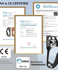 UIAA and CE certified document with Right Hand Climbing Ascender for 8 to 13 mm rope visible, lightweight aluminum alloy design.