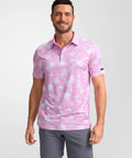 Man wearing Mens Golf Polo Shirt Short Sleeve Dry Fit Wicking Collared Polo For Men Casual Print With Stretch Performance Fabric Pink