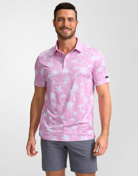 Man wearing Mens Golf Polo Shirt Short Sleeve Dry Fit Wicking Collared Polo For Men Casual Print With Stretch Performance Fabric Pink