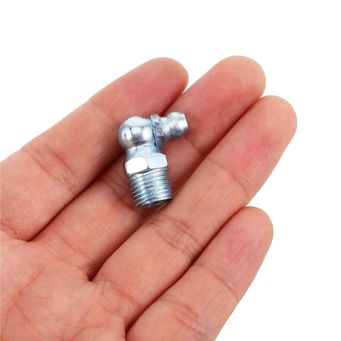 Top Rated 120 Piece Automotive Grease Fittings Kit With Assorted Sizes Including Metal Nipples And Caps For Car Machinery Maintenance, Replacement Parts, And Heavy Duty Equipment That Ensures Smooth Operation. metal 90-degree grease zerk fitting in hand