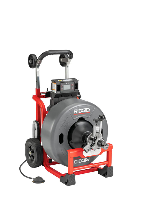 Professional Workhorse 5/8 Inch Brushless Drain Cleaning Drum Machine with large gray drum and red frame for heavy-duty clogs.