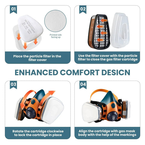 All Day Comfy Reusable Silicone Half Face Respirator Mask With Filters assembly guide for filters and gas cartridges