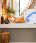 Console table with 4 Pack Blue Aluminum Cabinet Pulls With 3.78 Inch Hole Centers 96mm And 4.49 Inch Length 114mm Drawer Handles installed.