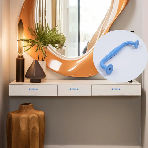 Console table with 4 Pack Blue Aluminum Cabinet Pulls With 3.78 Inch Hole Centers 96mm And 4.49 Inch Length 114mm Drawer Handles installed.