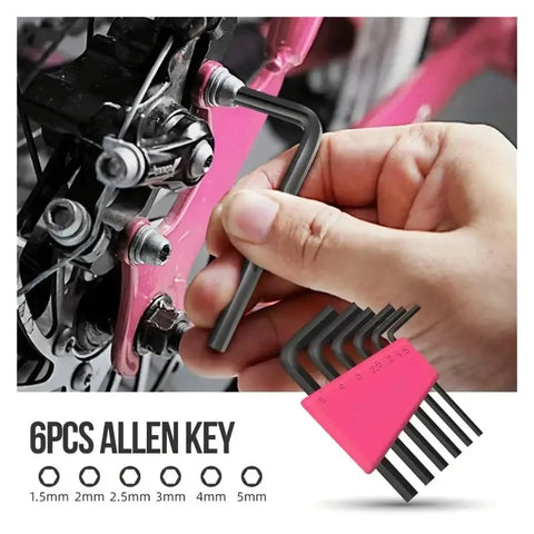 Hand using 54 Piece Pink Tool Kit For Women Newbies DIY Home Repair Tools Set's Allen key on bike, pink toolbox visible