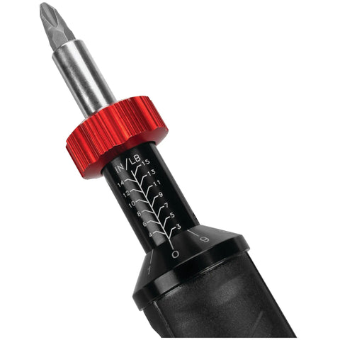 Ultra-precise adjustable micro torque screwdriver 3-15 in-lbs with red adjustment knob, Super Precise Adjustable Micro Torque Screwdriver Great For Electronics Instruments Firearms TPMS Valve Cores And More Delivers Accurate Three To Fifteen Inch Pound Torque Settings To Protect Delicate Parts Includes One Quarter Inch Hex Bit Holder With