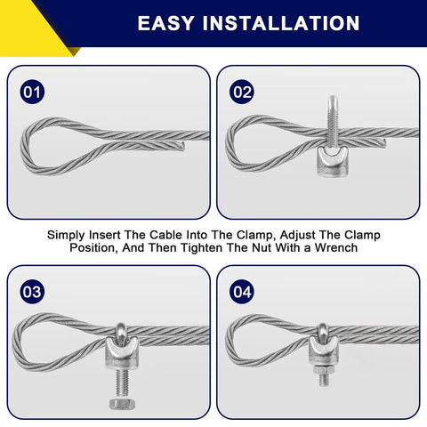 Installation steps for 100 Pcs M3 Wire Rope Clip Clamps One Eighth Inch Galvanized U Bolt Saddle Fasteners for securing cables.