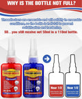 Front view of red high-strength and blue medium-strength thread locker bottles, 50 ml each.