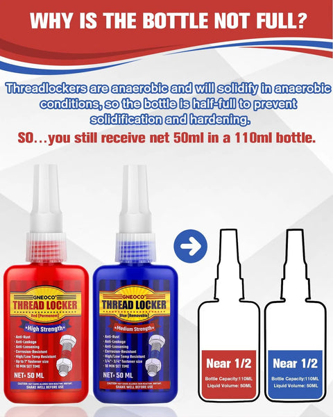 Front view of red high-strength and blue medium-strength thread locker bottles, 50 ml each.