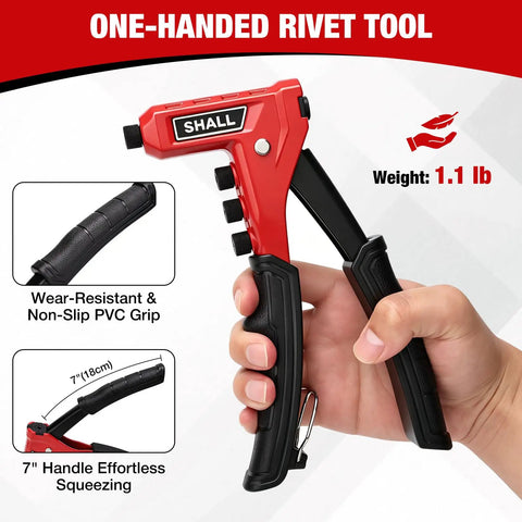 One Handed Rivet Gun Kit With 200 Pop Rivets And 4 Interchangeable Nosepieces 4 HSS Drill Bits Carrying Case ergonomic grip