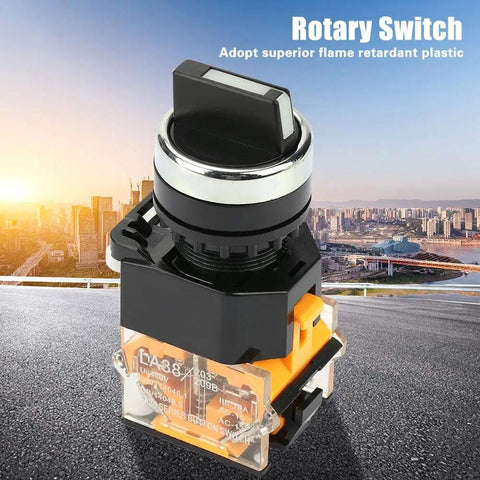 Momentary Rotary Selector Switch 2 Position Self Resetting 22mm Mounting Hole 10A 220V 380V Plastic Control Switch For Electromagnetic Starters Contactor Relays on rooftop background.