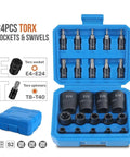Heavy Duty 24pc Torx And E-Torx Socket Set With 1 4 Inch 3 8 Inch And 1 2 Inch Drive Sizes Including Female Star Bits For Impact Guns To Crush Rusty Bolts Without Breaking A Sweat. blue case with CR-V Torx and E-Torx sockets, 1/4, 3/8, 1/2 inch