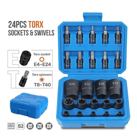 Heavy Duty 24pc Torx And E-Torx Socket Set With 1 4 Inch 3 8 Inch And 1 2 Inch Drive Sizes Including Female Star Bits For Impact Guns To Crush Rusty Bolts Without Breaking A Sweat. blue case with CR-V Torx and E-Torx sockets, 1/4, 3/8, 1/2 inch