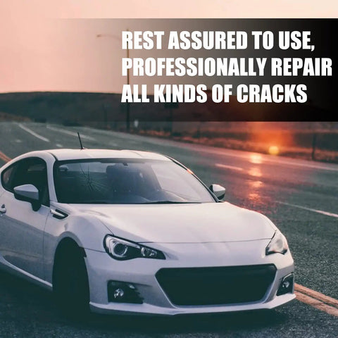 White car on road with cracked windshield, promoting Windshield Chip And Crack Repair Kit For Auto Glass And Mirrors.