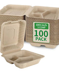 100 Pack 3-Compartment Compostable Takeout Lunch Boxes With Lids 8x9 Inch Clamshells For Food To Go Eco Friendly Bagasse PFAS Free Brown Biodegradable Disposable Containers For Cafes And Offices
