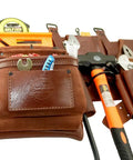 Ambassador Series 4 Piece Framer Tool Belt with 14 pockets, heavy duty leather, black hardware, carpenter belt system loaded.