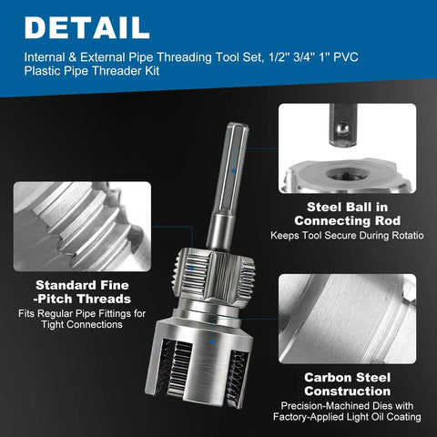 Close-up of Three Piece PVC Pipe Threading Tool Set For One Half Inch, Three Quarter Inch, And One Inch Pipes With Dual Internal And External Threaders, Carbon Steel Construction And Drill Compatibility For DIY Plumbing By Lustriix, showing detailed components and material.