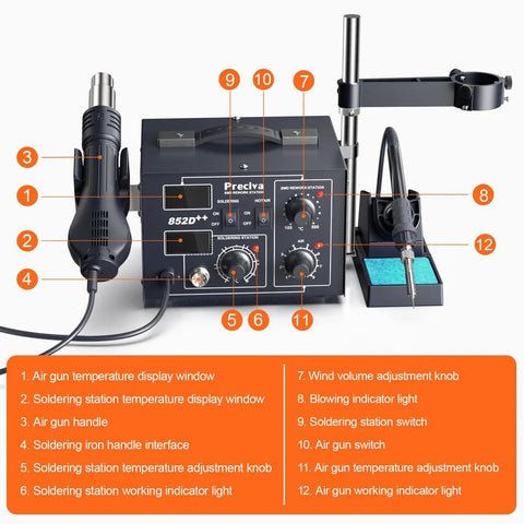 Product image of Two In One Hot Air Rework Soldering Station Kit showing soldering iron, 700W air gun, and control panel with holder.