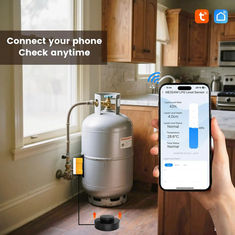 Smart WiFi LPG Tank Level Sensor with High Accuracy Ultrasonic Detection and Automatic Alarm for Tuya Smart Life App Remote Control