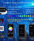 16W RGBW Fiber Optic Curtain Light Kit app control Bluetooth features and mobile interface with sparkle cables in background
