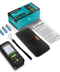 130ft Laser Distance Meter With Dual Bubble Levels, Plus Minus 1/16 Inch Accuracy, Fast Laser Measurements For Area, Volume And Pythagoras, 2 Inch Backlit LCD Display, Super Handy Tool To Measure Like A Boss shown with box, batteries, case, and instructions.
