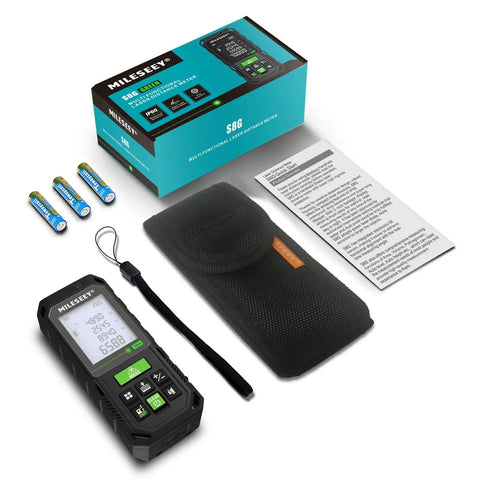 130ft Laser Distance Meter With Dual Bubble Levels, Plus Minus 1/16 Inch Accuracy, Fast Laser Measurements For Area, Volume And Pythagoras, 2 Inch Backlit LCD Display, Super Handy Tool To Measure Like A Boss shown with box, batteries, case, and instructions.