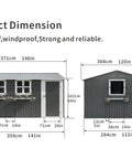 Dimensions of 12x10 Ft Outdoor Metal Storage Shed With 3 Clear Windows, Flower Rack, Lockable Single Door, Grey