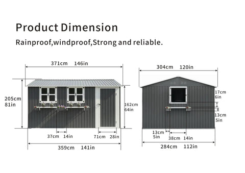 Dimensions of 12x10 Ft Outdoor Metal Storage Shed With 3 Clear Windows, Flower Rack, Lockable Single Door, Grey