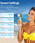 Woman on beach using Mint Green Portable Handheld Turbo Fan That Delivers 12 Meters Per Second Wind, 15000 RPM Brushless Motor, 4000mAh Rechargeable Battery, LED Display, 3 in 1 Foldable Personal Fan For Camping Beach Travel On The Go with speed settings visible.