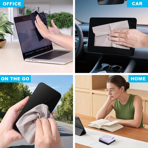 SmoTecQ 32-pack microfiber cleaning cloths for glasses and screens; black and grey; individually wrapped.