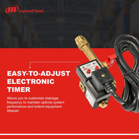 Electronic Drain Valve With Auto Timer For 110 To 120 Volt Systems Quarter Inch NPT Fittings in package on red background
