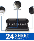 Heavy Duty Two To Seven Hole Punch With Semi Adjustable Heads Easy Touch Soft Grip Handle Twenty Four Sheet Capacity Durable Metal Construction Office Workhorse Punch For High Volume Black, showing detailed chip tray, alignment guide, and metal construction with 24-sheet capacity note.